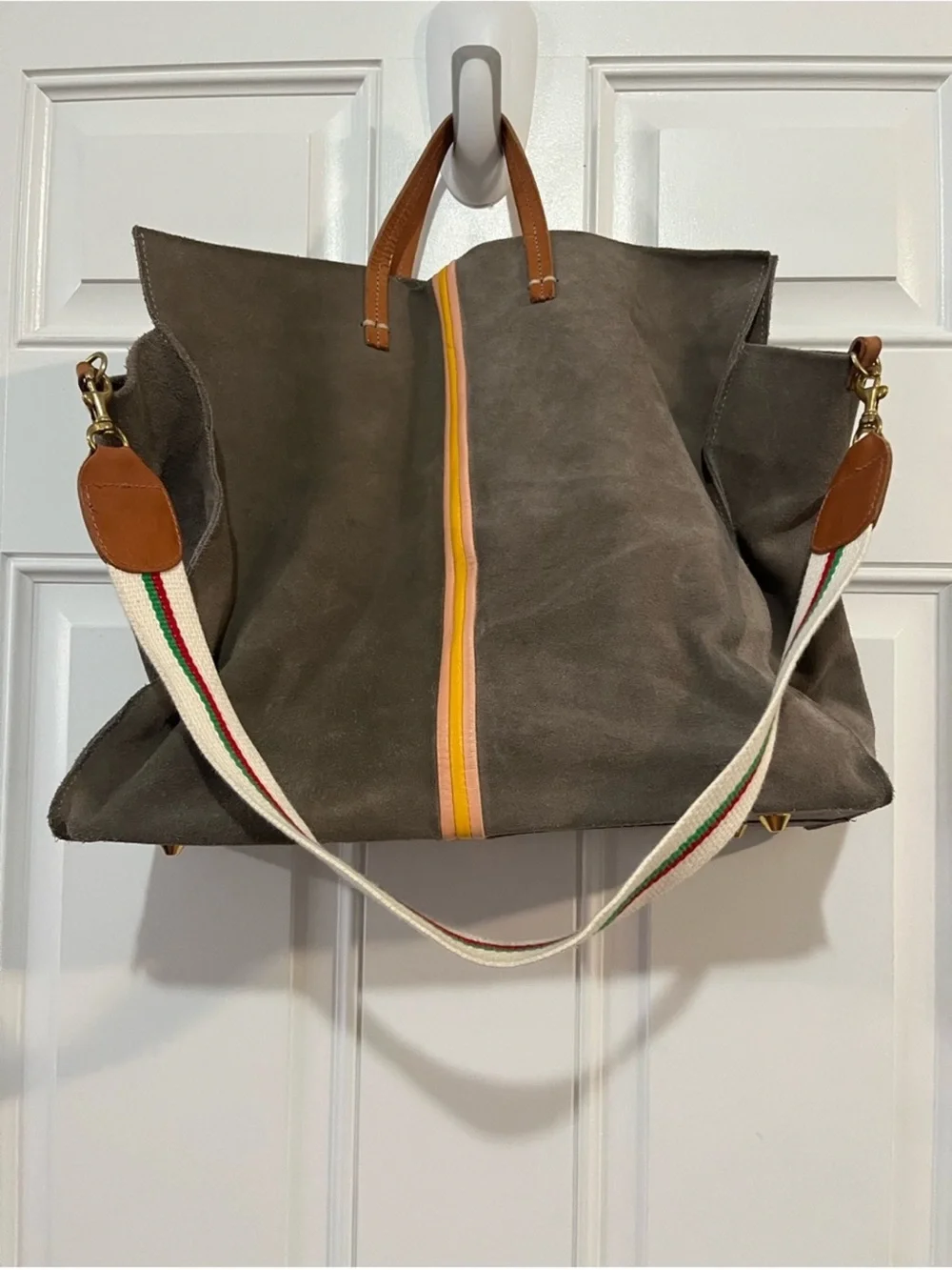 CLARE V. Accent Striped Dark Gray Italian Suede Tote Bag
